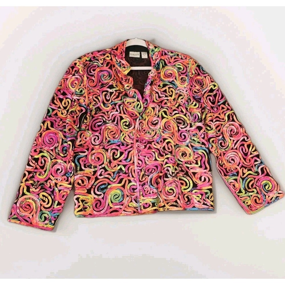 Chico's Size 1 Colorful Textured Open Weave Statement Blouse Jacket 100% Silk